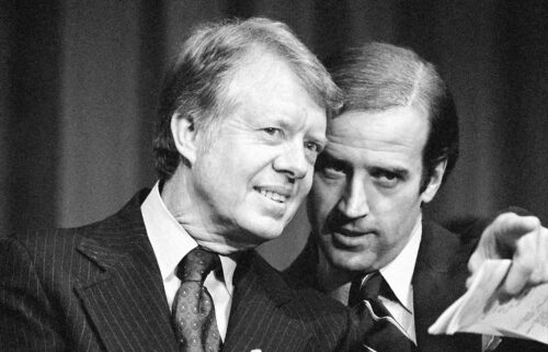 Biden speaks with President Jimmy Carter at a fundraising event in Delaware in 1978.