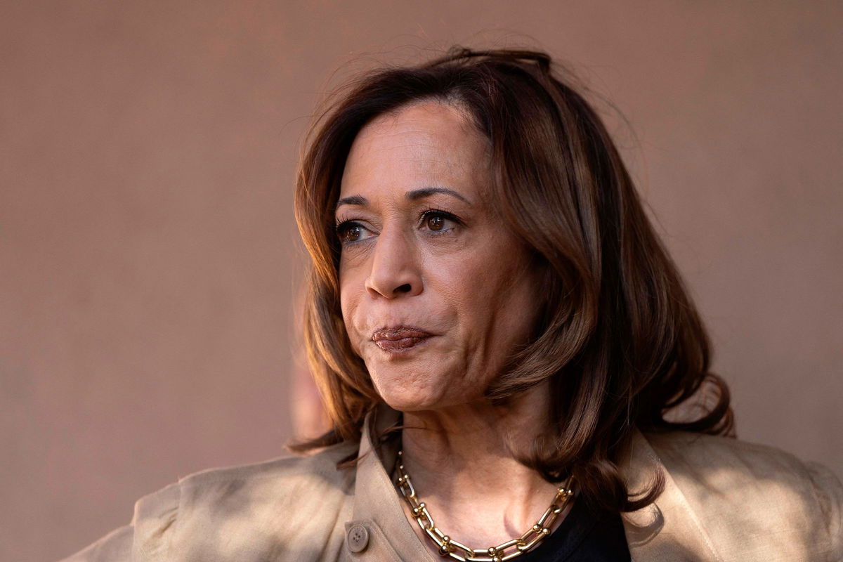 <i>Rebecca Noble/AFP/Getty Images via CNN Newsource</i><br/>Vice President and Democratic presidential candidate Kamala Harris speaks to media at the Douglas Port of Entry at the US-Mexico border in Douglas