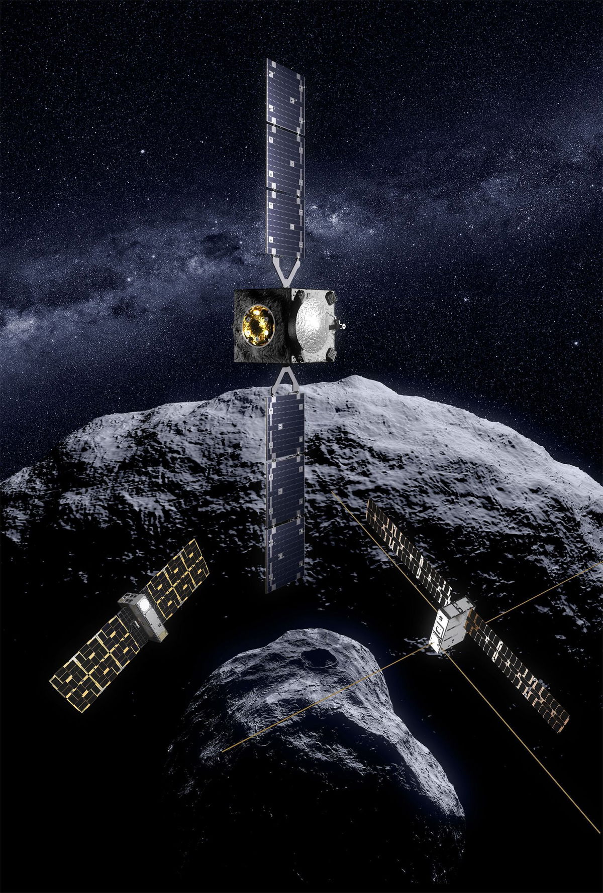 <i>ESA via CNN Newsource</i><br/>The Hera mission is depicted in orbit around Dimorphos with its shoebox-size CubeSats.