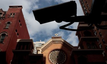 A security camera hangs across the street from the Park East Synagogue