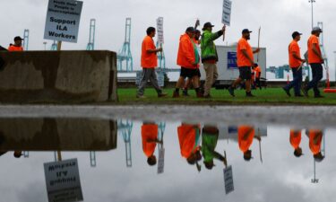 Port workers from the International Longshoremen's Association (ILA) participate in a strike in the Virginia International Gateway in Portsmouth