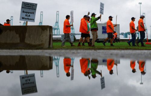 Port workers from the International Longshoremen's Association (ILA) participate in a strike in the Virginia International Gateway in Portsmouth