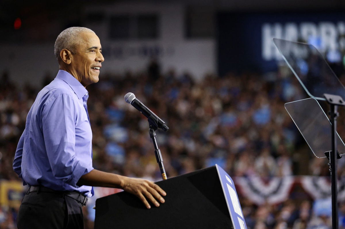 <i>Quinn Glabicki/Reuters via CNN Newsource</i><br/>Former President Barack Obama speaks during a campaign event for Democratic presidential nominee and Vice President Kamala Harris in Pittsburgh.