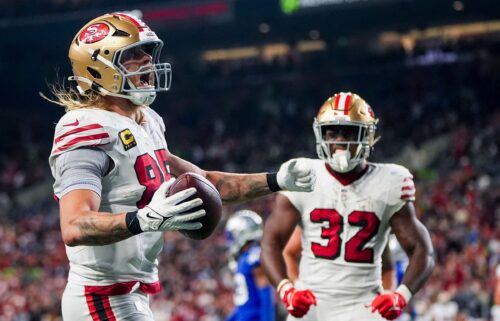 Tight end George Kittle (left) scored a fourth-quarter touchdown as the San Francisco 49ers beat the Seattle Seahawks on Thursday Night Football.