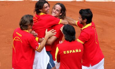 Nadal celebrates with his teammates after reaching the Davis Cup final in 2008.