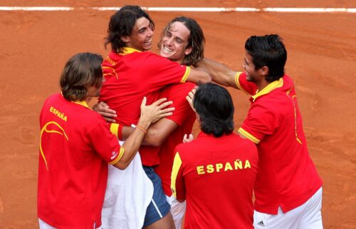 Nadal celebrates with his teammates after reaching the Davis Cup final in 2008.