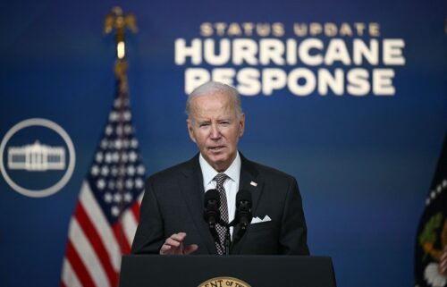 President Joe Biden speaks about the impact of Hurricane Milton in the Eisenhower Executive Office Building in Washington