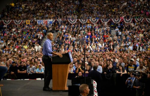 Former President Barack Obama speaks at a campaign event for Vice President Kamala Harris at the University of Pittsburgh on October 10.