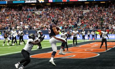 Chicago Bears tight end Cole Kmet catches a touchdown pass at London's Tottenham Hotspur Stadium.