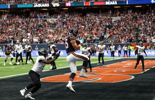 Chicago Bears tight end Cole Kmet catches a touchdown pass at London's Tottenham Hotspur Stadium.