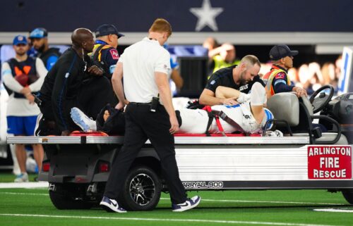 Detroit Lions star pass rusher Aidan Hutchinson was carted off the field after suffering a leg injury against the Dallas Cowboys at AT&T Stadium in Arlington