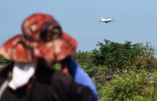 A Taiwanese Air Force Mirage 2000 fighter jet prepares to land at an air force base in Hsinchu