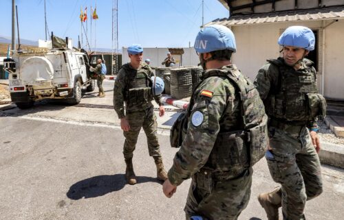 UNIFIL peacekeepers from Spain are seen at UNIFIL barracks near Khiam in southern Lebanon on August 23.