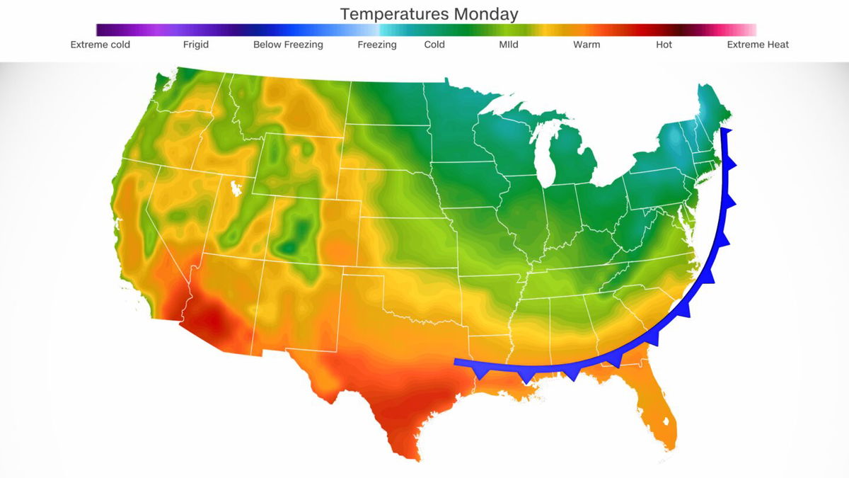 <i>CNN Weather via CNN Newsource</i><br/>A cold front will cross the eastern half of the US by late Monday afternoon and bring cooler conditions.