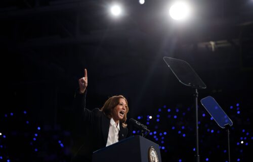 Vice President Kamala Harris speaks during a campaign rally at the Williams Arena at Minges Coliseum on the campus of East Carolina University October 13.