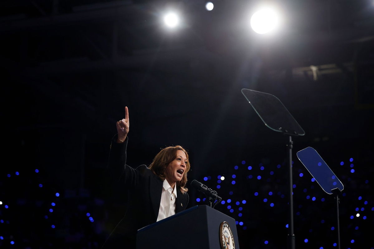 <i>Chip Somodevilla/Getty Images via CNN Newsource</i><br/>Vice President Kamala Harris speaks during a campaign rally at the Williams Arena at Minges Coliseum on the campus of East Carolina University October 13.