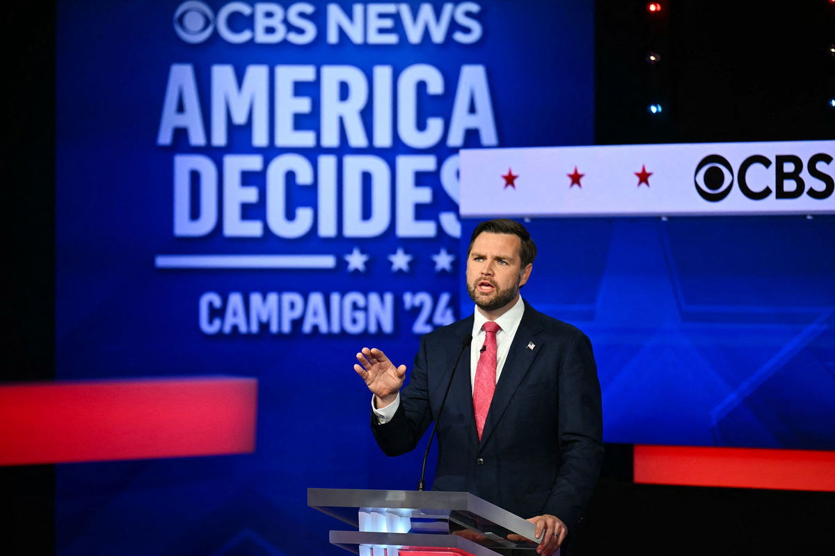 <i>Angela Weiss/AFP/Getty Images via CNN Newsource</i><br/>Sen. JD Vance speaks during the vice presidential debate hosted by CBS News on October 1.