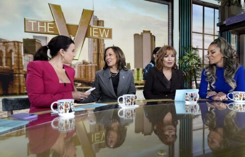 Vice President Kamala Harris chats with the hosts during a commercial break on "The View" on October 8