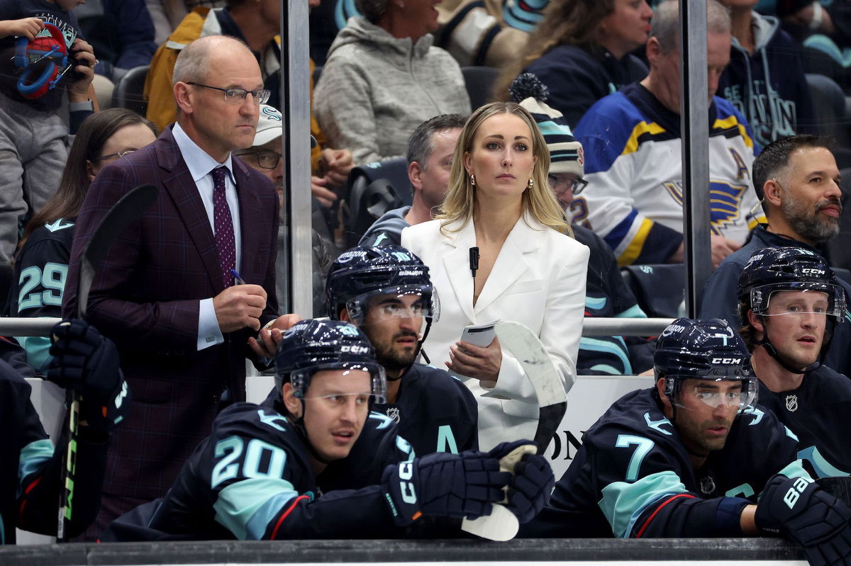 <i>Steph Chambers/Getty Images via CNN Newsource</i><br/>Seattle Kraken assistant coach Jessica Campbell made history against the St. Louis Blues.