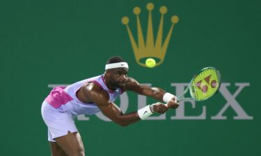 Frances Tiafoe plays a backhand against Roman Safiullin in the third round of the Shanghai Masters. Tiafoe has apologized for his profanity-laden outburst directed at an umpire after a defeat at the Shanghai Masters.