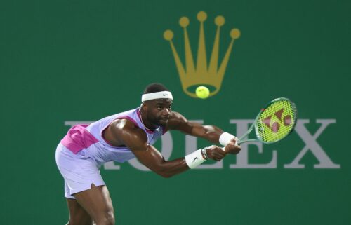 Frances Tiafoe plays a backhand against Roman Safiullin in the third round of the Shanghai Masters. Tiafoe has apologized for his profanity-laden outburst directed at an umpire after a defeat at the Shanghai Masters.