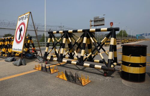 Barricades are placed near the Unification Bridge leading to Panmunjom in the Demilitarized Zone (DMZ) on June 11 in Paju