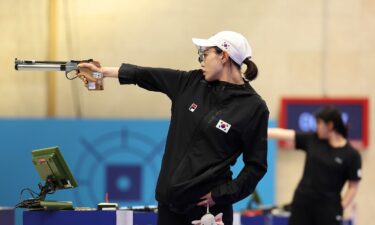 Kim shoots during the women's 10-meter air pistol final at the Paris Olympics.