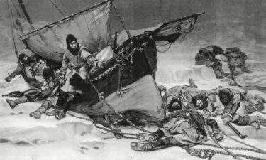 An engraving shows the end of Sir John Franklin's ill-fated Arctic expedition based on a painting by British artist W. Thomas Smith exhibited in the Royal Academy in 1896.