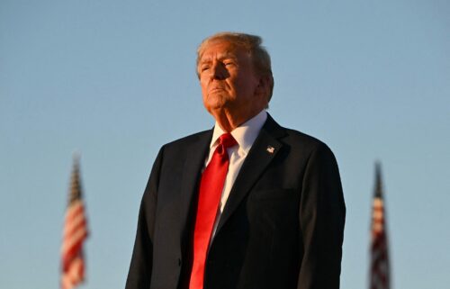 Former US President and Republican presidential candidate Donald Trump looks on during a campaign rally in Butler