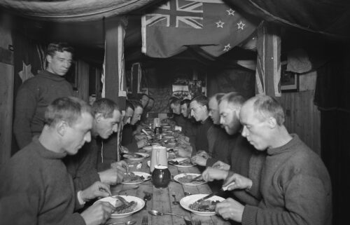 The crew of the Endurance is pictured eating a meal on board