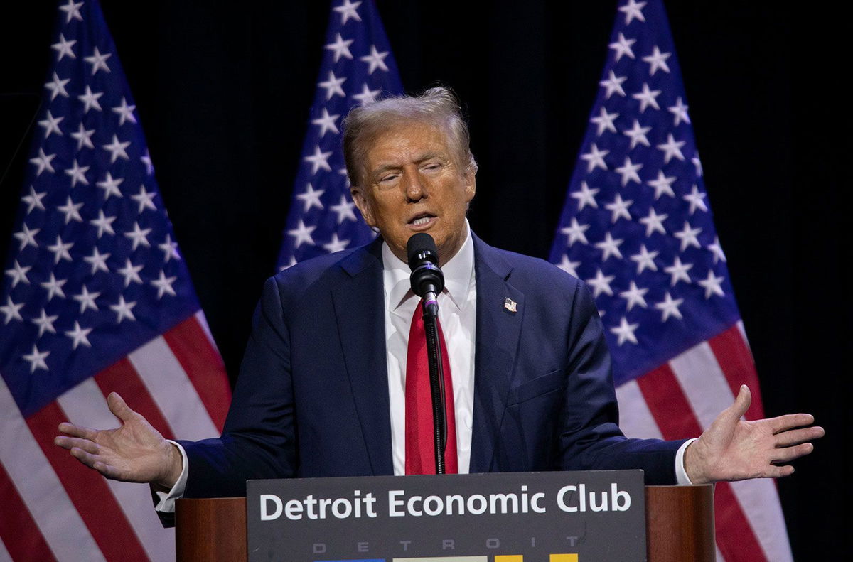 <i>Bill Pugliano/Getty Images via CNN Newsource</i><br/>Former U.S. President Donald Trump speaks at the Detroit Economic Club on October 10 in Detroit