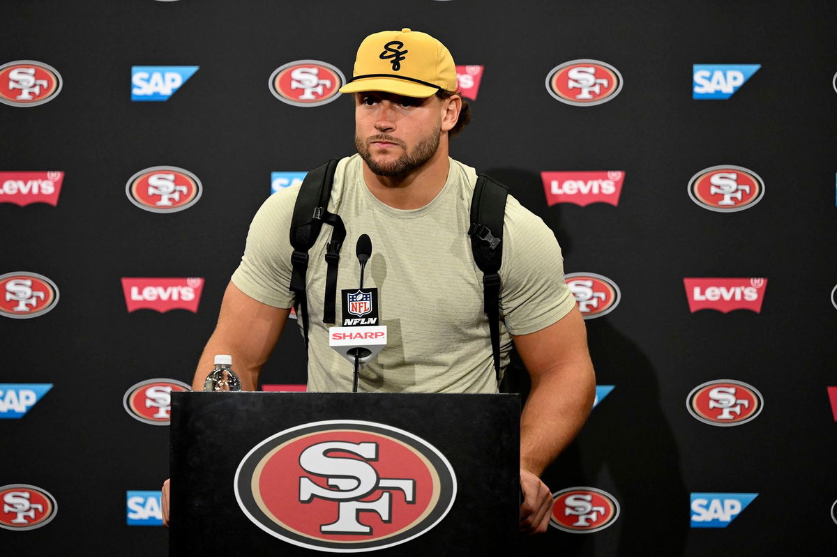 <i>Eakin Howard/AP via CNN Newsource</i><br/>Nick Bosa speaks to the media after the San Francisco 49ers' victory over the Dallas Cowboys.