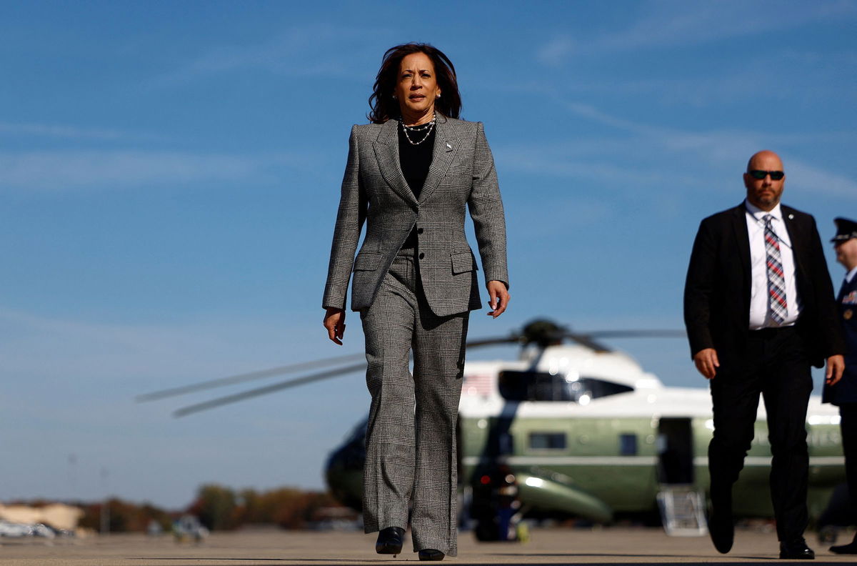 <i>Evelyn Hockstein/Reuters via CNN Newsource</i><br/>Vice President Kamala Harris walks to board Air Force Two to depart for Michigan