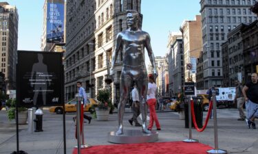 David Beckham's statue on the streets of New York City.