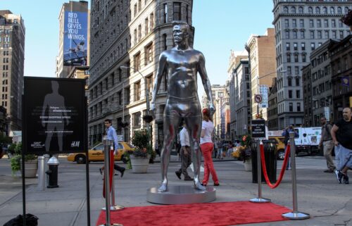 David Beckham's statue on the streets of New York City.