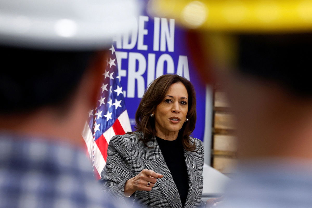 <i>Evelyn Hockstein/Reuters via CNN Newsource</i><br/>Vice President Kamala Harris speaks in Hemlock