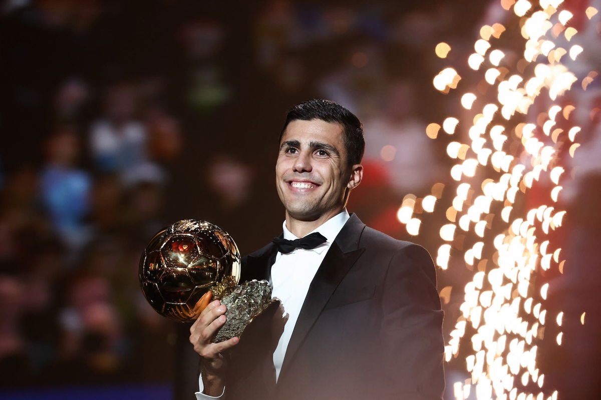 <i>Franck Fife/AFP/Getty Images via CNN Newsource</i><br/>Rodri with his award during the Ballon d’Or ceremony in Paris