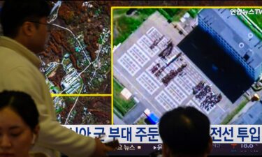 A TV at Yongsan Railway Station in Seoul shows a satellite image of Russia's Ussuriysk military facility