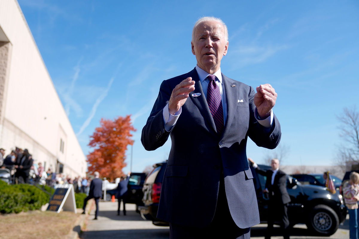 <i>Manuel Balce Ceneta/AP via CNN Newsource</i><br/>President Joe Biden speaks with reporters after casting his early-voting ballot for the 2024 general elections on October 28 in New Castle