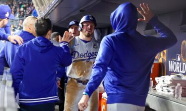 Dodgers players celebrate during Game 3 at Yankee Stadium.