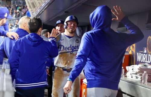 Dodgers players celebrate during Game 3 at Yankee Stadium.