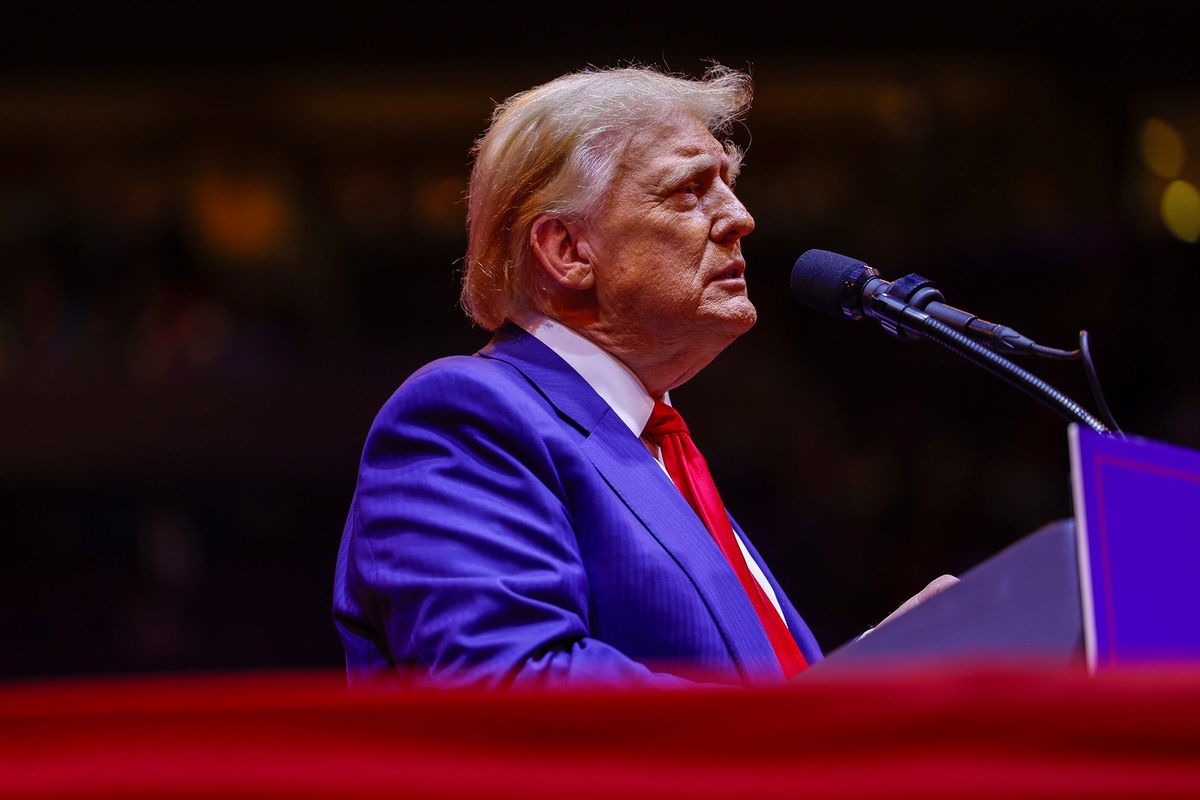 <i>Anna Moneymaker/Getty Images via CNN Newsource</i><br/>Former President Donald Trump speaks at a campaign rally at Madison Square Garden on October 27 in New York City.