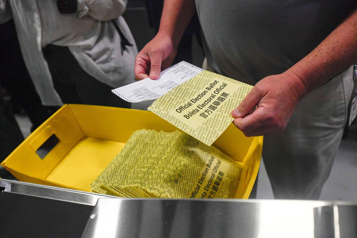 <i>Matthew Hatcher/Getty Images via CNN Newsource</i><br/>Poll workers demonstrate how ballots are are received