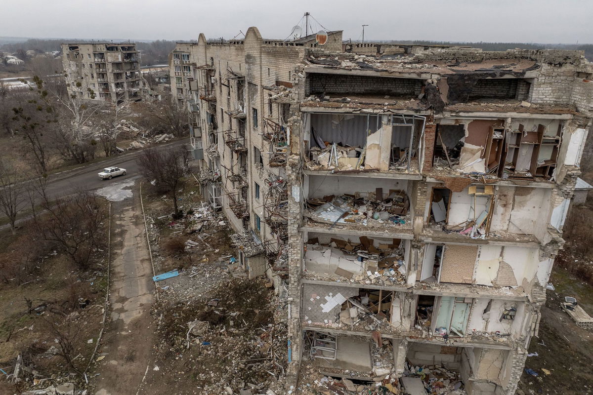 <i>Roman Pilipey/AFP via Getty Images via CNN Newsource</i><br/>Residential buildings are destroyed by shelling in Izyum