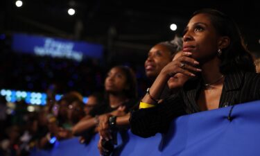 Supporters look on as Vice President Kamala Harris speaks during a campaign rally at Shell Energy Stadium on October 25 in Houston.