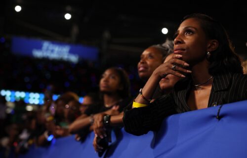 Supporters look on as Vice President Kamala Harris speaks during a campaign rally at Shell Energy Stadium on October 25 in Houston.