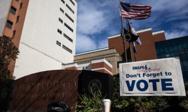 A sign reminding people to vote is seen outside the Lehigh County Government Center in Allentown