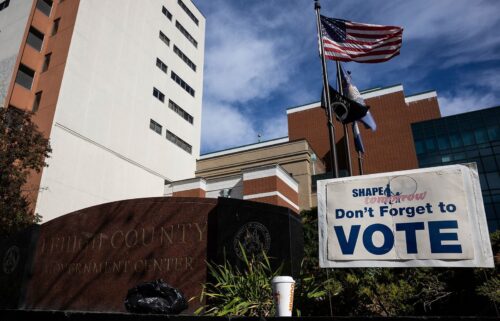 A sign reminding people to vote is seen outside the Lehigh County Government Center in Allentown