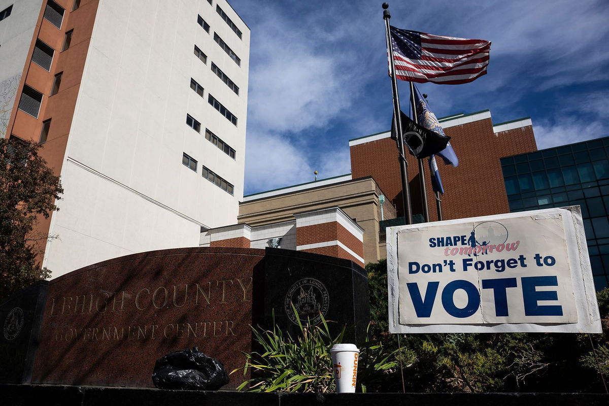 <i>Francis Chung/POLITICO/AP via CNN Newsource</i><br/>A sign reminding people to vote is seen outside the Lehigh County Government Center in Allentown