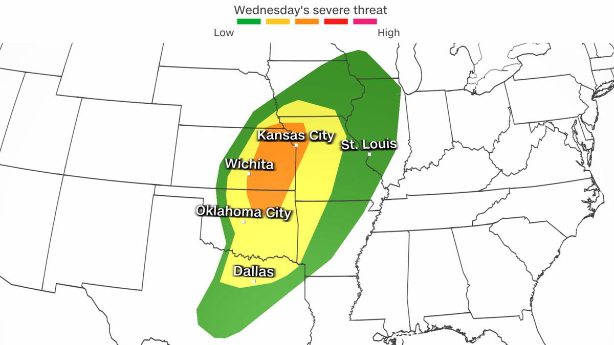 <i>CNN Weather via CNN Newsource</i><br/>Parts of the central US face their most significant thunderstorm threat in months Wednesday as second severe storm season kicks into gear.